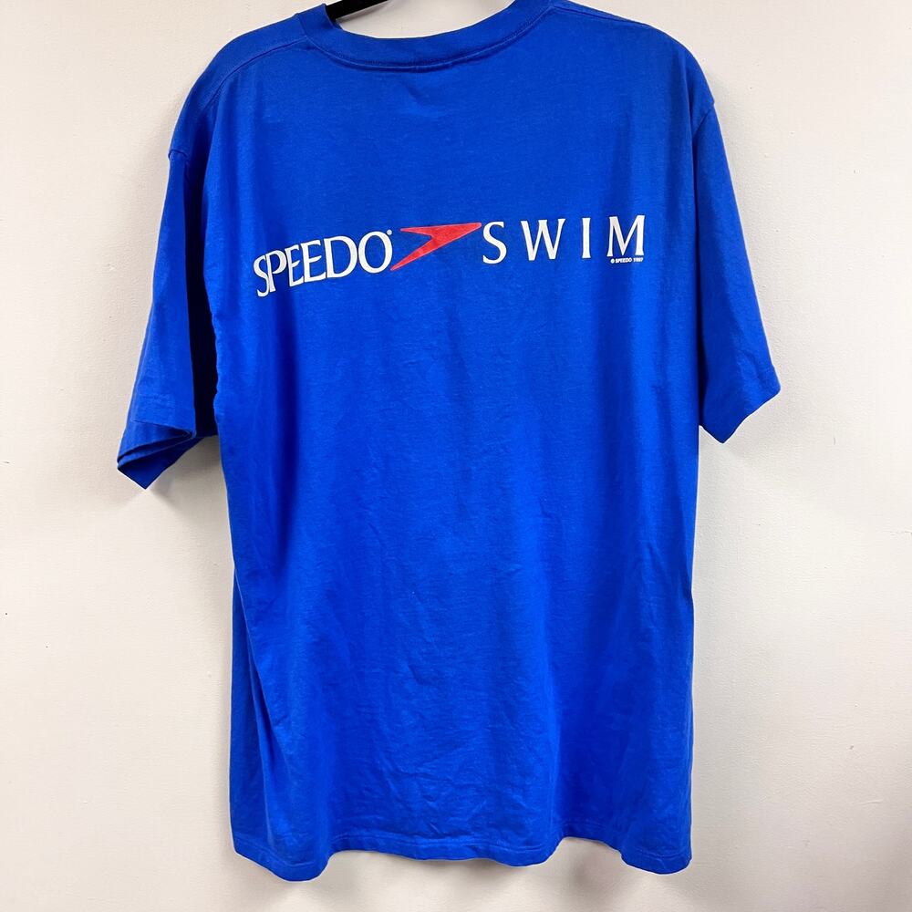 Men's Vintage 1990's Speedo Swim Graphic Logo Tee shirt 1997 LArge Cobalt Blue